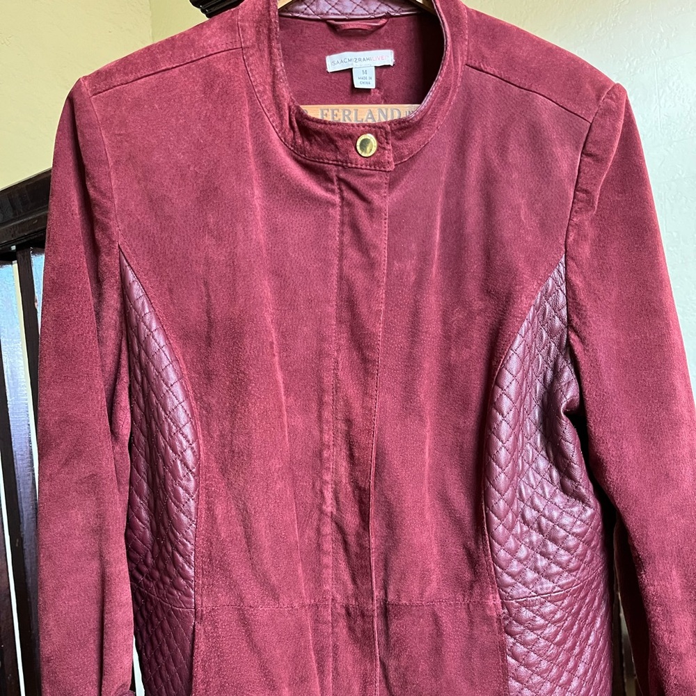 Suede and leather jacket with brass details by Isaac Mizrahi